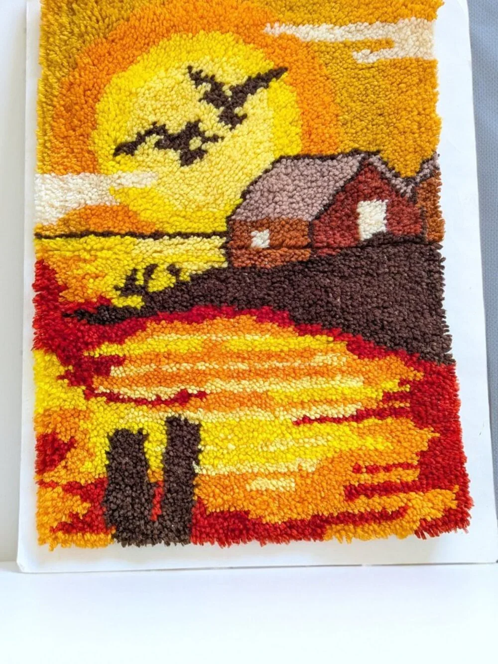 Vintage Latch Hook Rug Sunset Cabin Birds Water Wall Hanging Finished Art